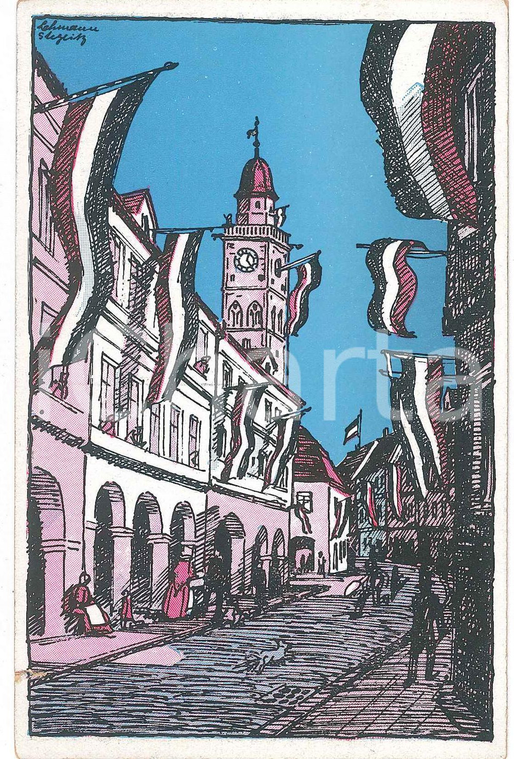 1920 ca DEUTSCHLAND - ROTEN KREUZ Town and flags - Kunstler Postkarte FP NV Cartolina postale d'epoca, non viaggiata.  POOR/danneggiato Lievi smussature agli angoli, strappo al margine sinistro Formato: FP originale e autentica 1
