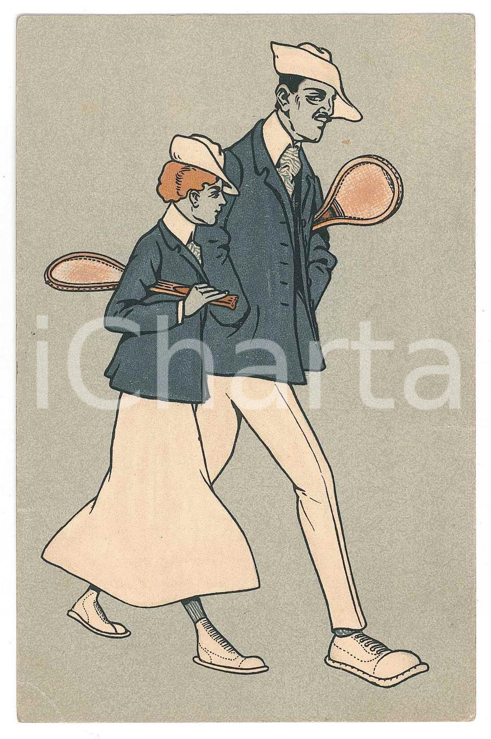 1910 ca SPORT Couple of tennis players - ILLUSTRATED Postcard FP NV  Cartolina d'epoca, illustrata, non viaggiata.CONDIZIONI: POOR (piegature all'angolo inferiore sinistro e al margine destro, macchia al verso)FORMATO: FP    originale e autentica 1