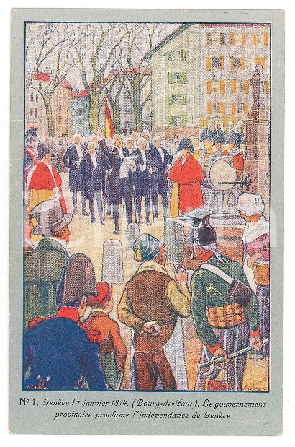 1914 SWISS Indépendance de GENÈVE - Carte postale ILLUSTRÉE FP VG  Cartolina d'epoca, illustrata, viaggiata.CONDIZIONI: FAIR (smussature agli angoli)FORMATO: FP    originale e autentica 1