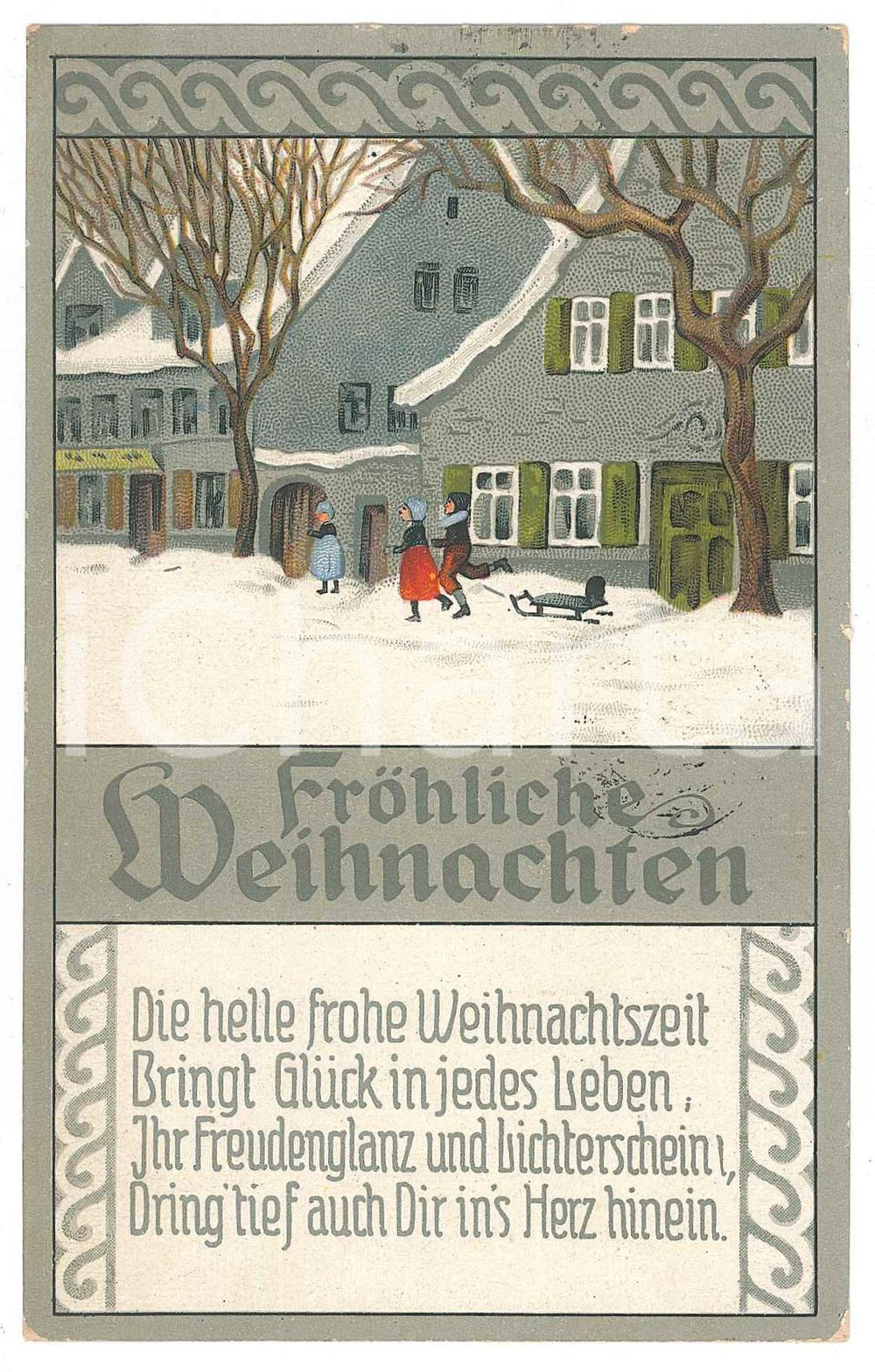 1913 FRÖHLICHE WEIHNACHTEN - MERRY CHRISTMAS Illustrated embossed postcard Cartolina postale d'epoca, viaggiata.  FAIR/discreto Lievi smussature agli angoli Formato: FP originale e autentica 1