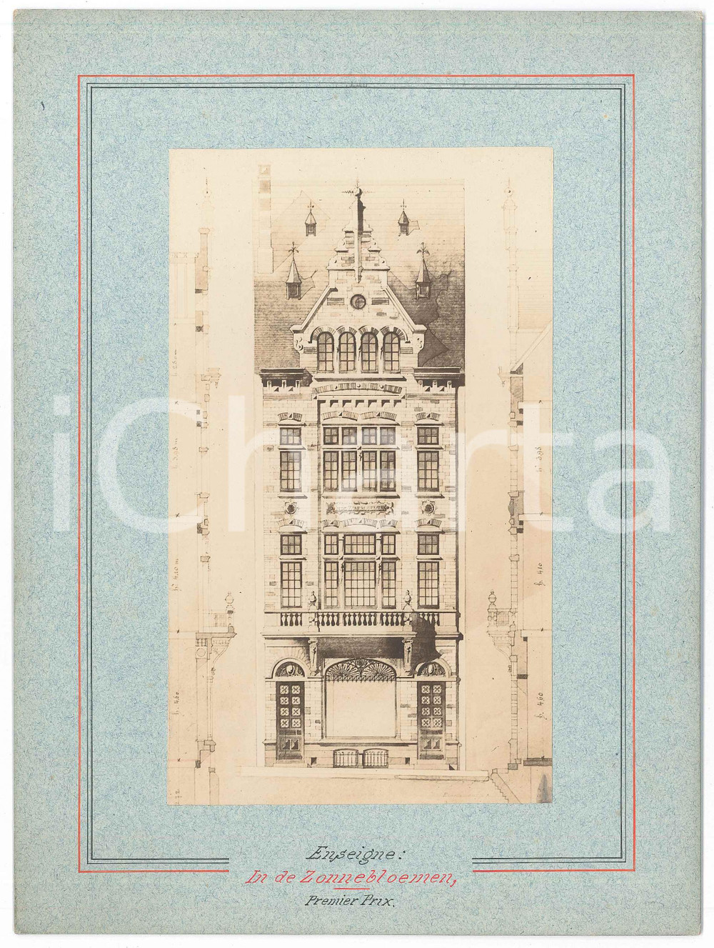 1900 ca BRUXELLES ARCHITECTURE - Maison "In de Zonnebloemen" - Photo projet  Fotografia d'epoca, montata su cartoncino rigido, che mostra il progetto di facciata per la casa situata a Bruxelles. GOOD/buono  Formato: 18x24 cm originale e autentica 1