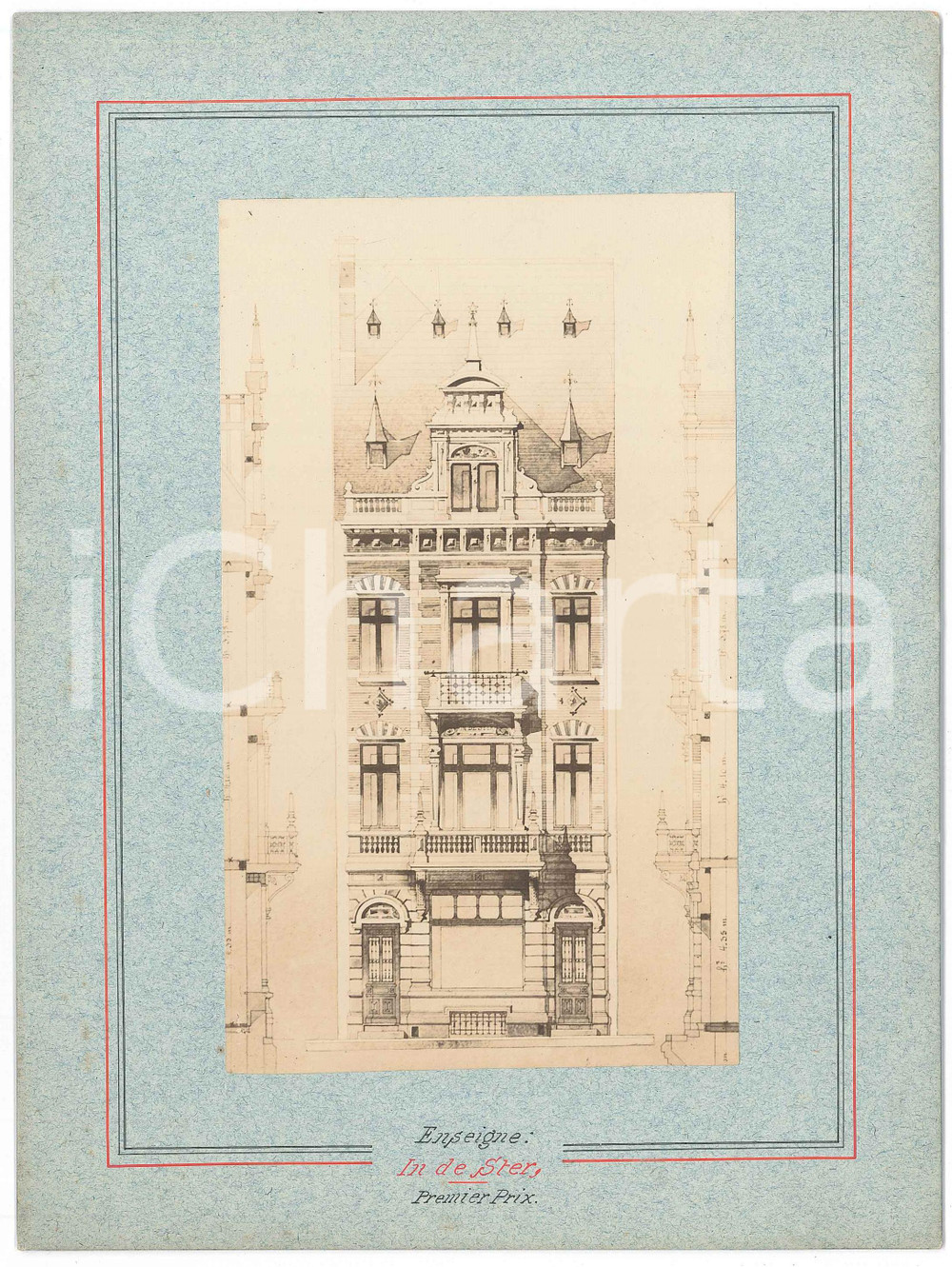 1900 BRUXELLES Architecte Guillaume LOW - Maison "In de Ster" - Photo projet  Fotografia d'epoca, montata su cartoncino rigido, che mostra il progetto di facciata per la casa situata a Bruxelles in place Colignon 17. GOOD/buono  Formato: 18x24 cm originale e autentica 1