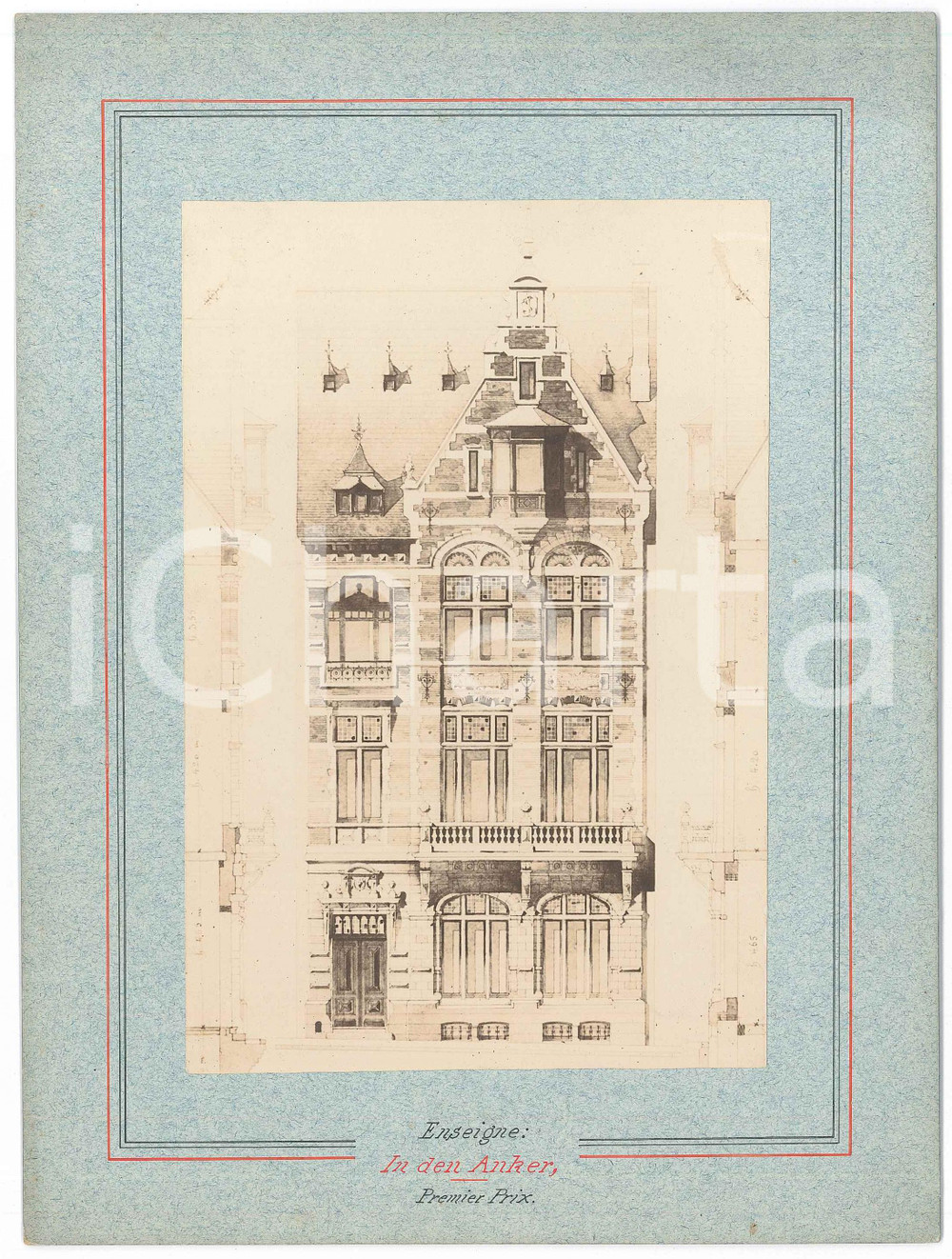 1900 ca BRUXELLES ARCHITECTURE - Maison "In den Anker" Photo projet  Fotografia d'epoca, montata su cartoncino rigido, che mostra un progetto di facciata. GOOD/buono  Formato: 18x24 cm originale e autentica 1