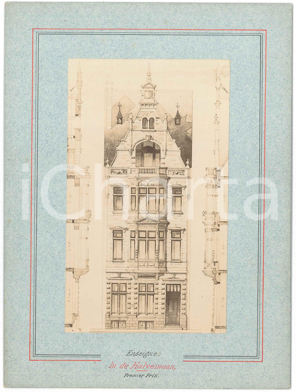 1900 ca BRUXELLES Architecte Guillaume LOW Maison "In de Halvemaan" Photo projet  Fotografia d'epoca, montata su cartoncino rigido, che mostra un progetto di facciata. GOOD/buono  Formato: 18x24 cm originale e autentica 1