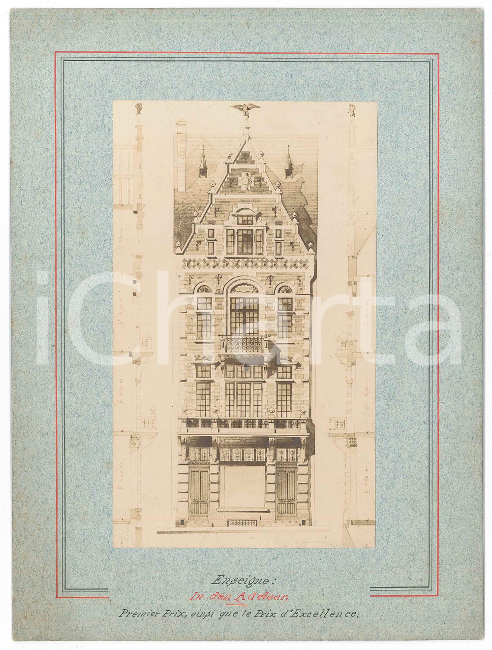 1900 ca BRUXELLES Architecte Guillame LOW - Maison "In den Adelaar" Photo projet  Fotografia d'epoca, montata su cartoncino rigido, che mostra un progetto di facciata.L'edificio si trova a Bruxelles in place Colignon. GOOD/buono  Formato: 18x24 cm originale e autentica 1