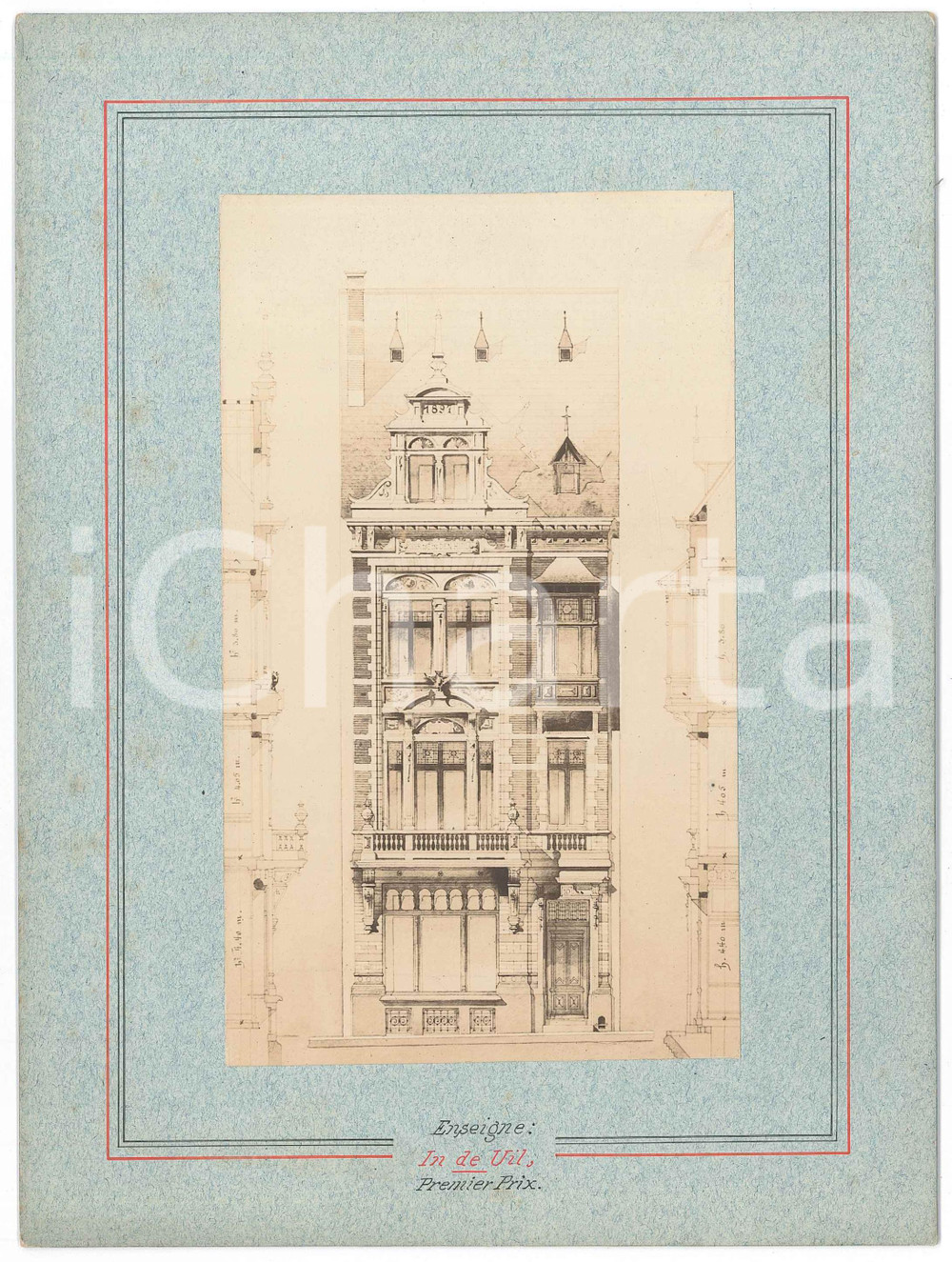 1900 ca BRUXELLES ARCHITECTURE - Maison "In de Uil" - Photo projet  Fotografia d'epoca, montata su cartoncino rigido, che mostra un progetto di facciata. GOOD/buono  Formato: 18x24 cm originale e autentica 1