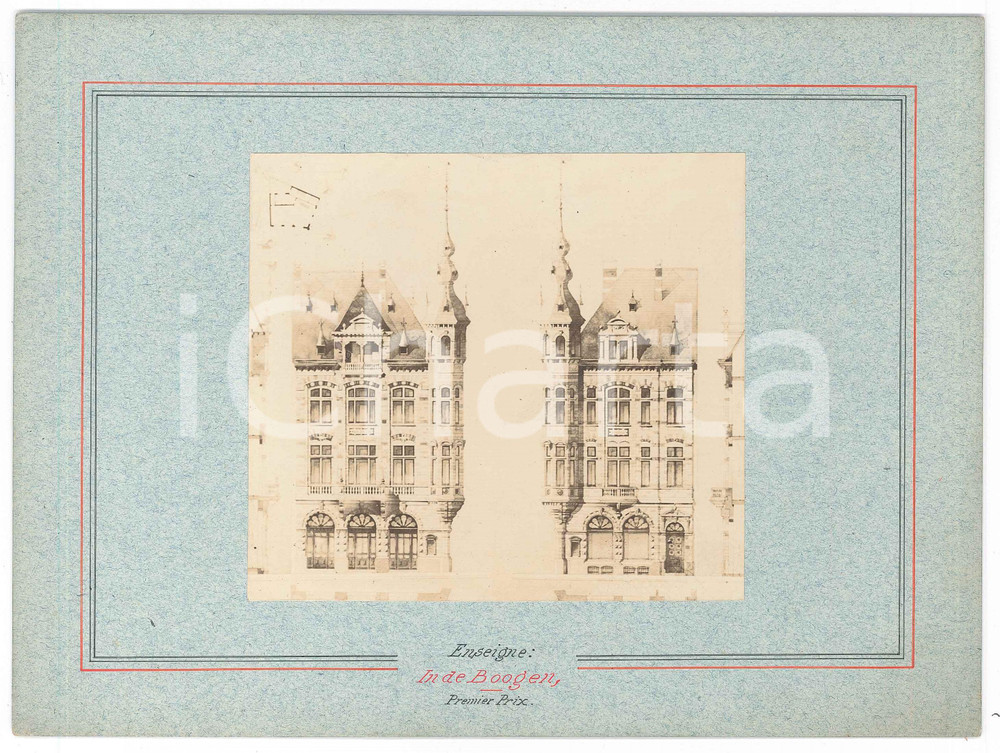 1900 BRUXELLES Architecte Guillaume LOW - Maison "In de Boogen" - Photo projet  Fotografia d'epoca, montata su cartoncino rigido, che mostra il progetto di facciata per la casa situata a Bruxelles in place Colignon. GOOD/buono  Formato: 24x18 cm originale e autentica 1