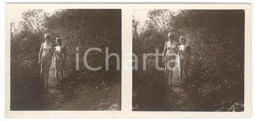 Fotografia d epoca originale 1920 ca VINTAGE EROTIC Le nu stÃ©rÃ©o en plein air  Nude women in the woods PHOTO 1
