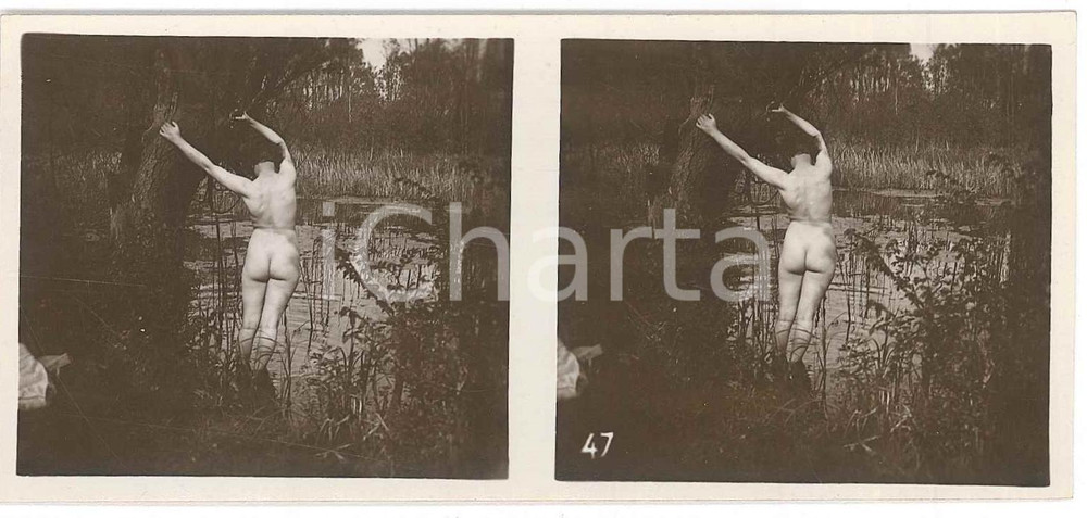 Fotografia d epoca originale 1920 ca VINTAGE EROTIC Le nu stÃ©rÃ©o en plein air  Nude woman from behind Photo 1