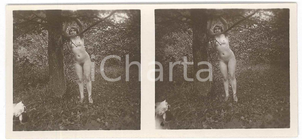 1920 ca VINTAGE EROTIC Le nu stéréo en plein air - Woman leaning on tree branch Fotografia stereoscopica d'epoca, appartenente alla collana "Le nu st&eacute;r&eacute;o en plein air".EDITORE: Editions St&eacute;reo Novelti Accademia - Paris  GOOD/buono  Formato: 13x6 cm originale e autentica 1