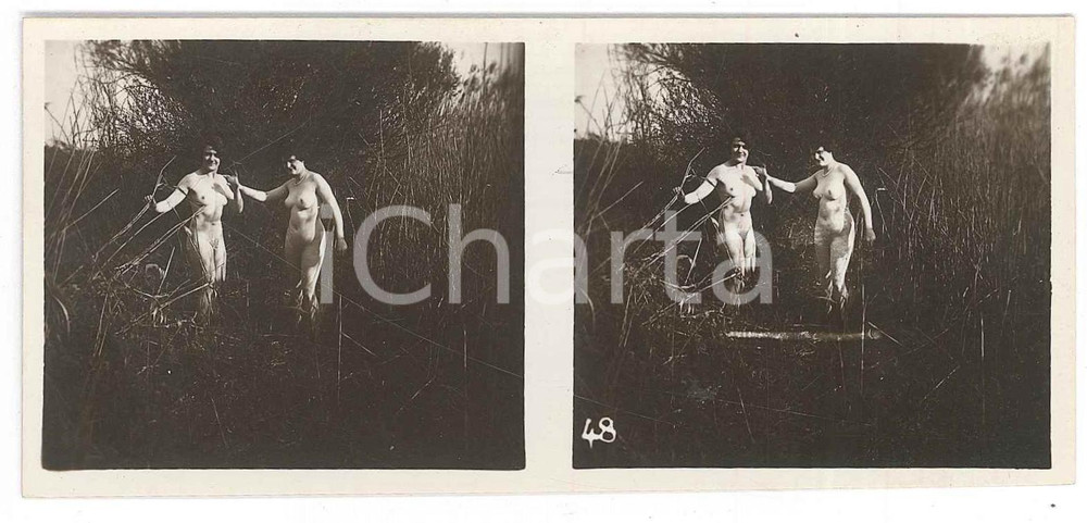 1920 ca VINTAGE EROTIC Le nu stéréo en plein air - Women in a cane field *Photo Fotografia stereoscopica d'epoca, appartenente alla collana "Le nu st&eacute;r&eacute;o en plein air".EDITORE: Editions St&eacute;reo Novelti Accademia - Paris  GOOD/buono  Formato: 13x6 cm originale e autentica 1