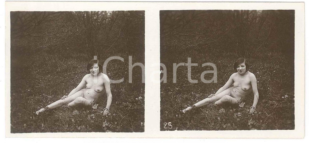 1920 ca VINTAGE EROTIC Le nu stéréo en plein air - Nude woman on the grass PHOTO Fotografia stereoscopica d'epoca, appartenente alla collana "Le nu st&eacute;r&eacute;o en plein air".EDITORE: Editions St&eacute;reo Novelti Accademia - Paris  GOOD/buono  Formato: 13x6 cm originale e autentica 1