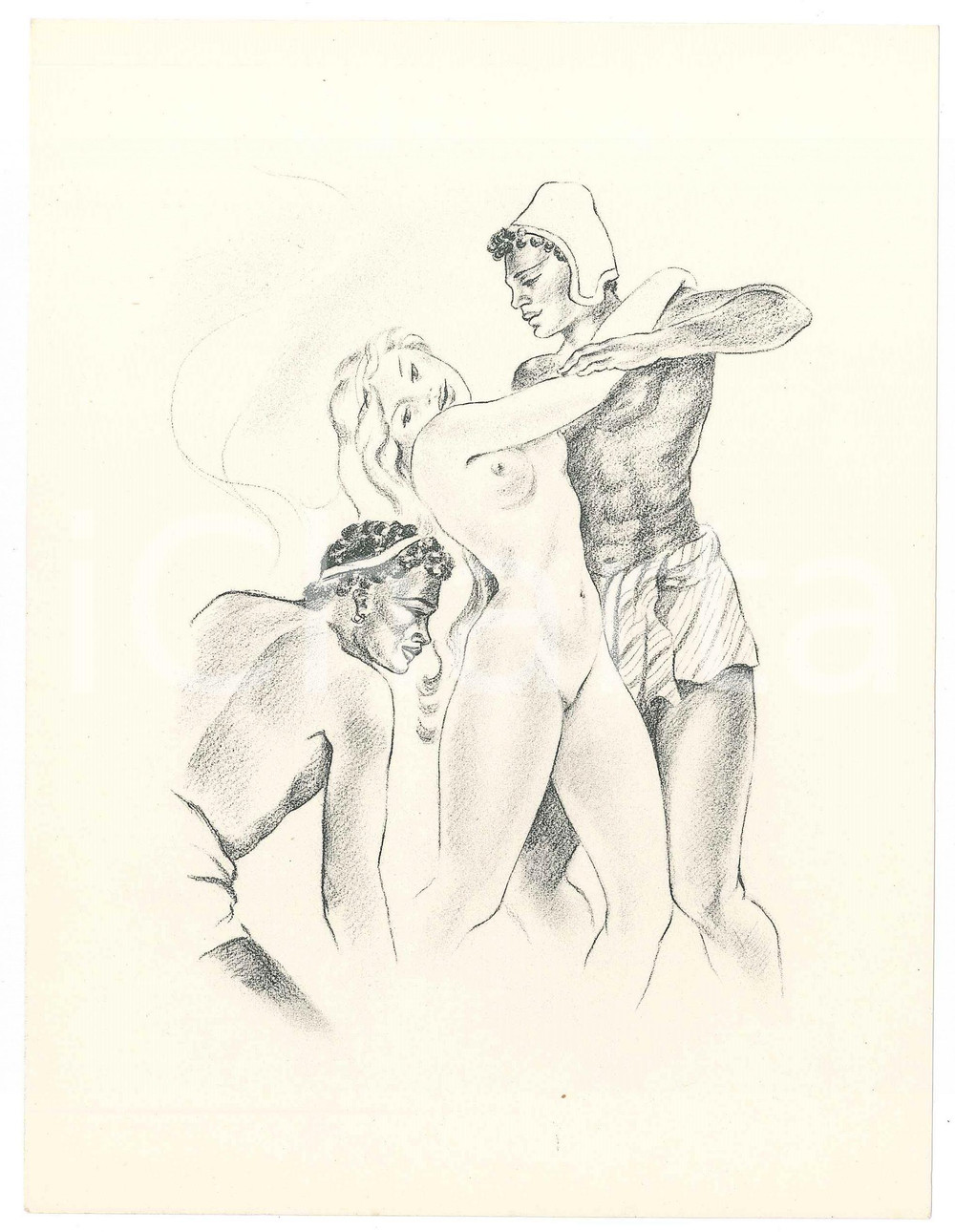 1960 ca VINTAGE EROTIC Nude woman - Two black men - Litograph 16x21 cm  Litografia originale d'epoca, su carta. GOOD/buono  Formato: 16x21 cm originale e autentica 1