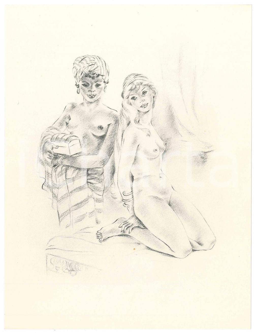 1960 ca VINTAGE EROTIC Lesbian - Two women - Arab scene - Litograph 16x21  Litografia originale d'epoca, su carta. GOOD/buono  Formato: 16x21 cm originale e autentica 1