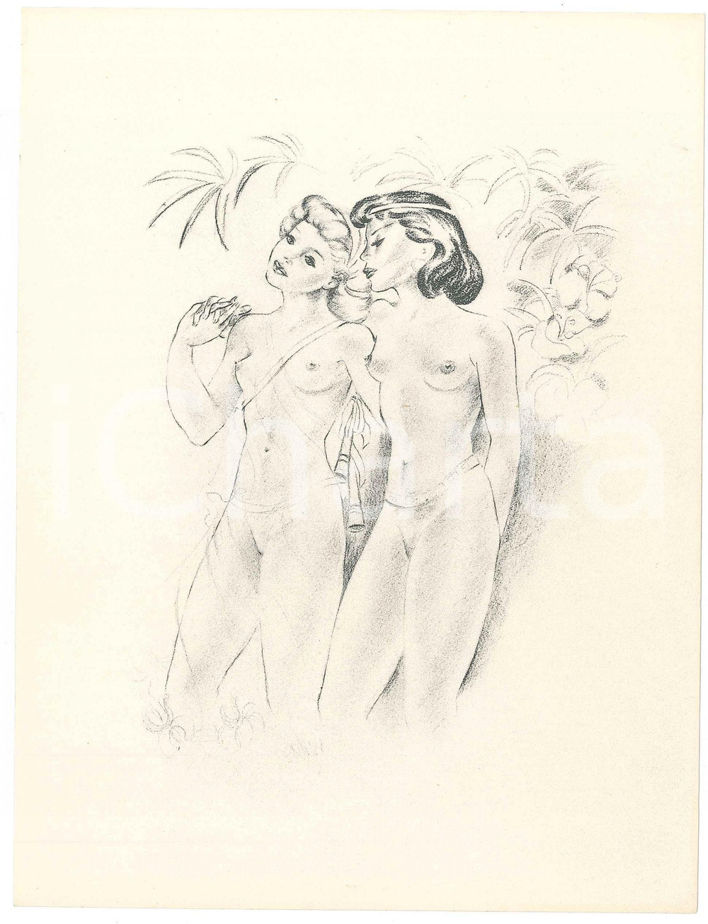 1960 ca VINTAGE EROTIC Lesbian - Two women - Bucolic scene - Litograph 16x21  Litografia originale d'epoca, su carta. FAIR/discreto lievi ondulature orizontali Formato: 16x21 cm originale e autentica 1