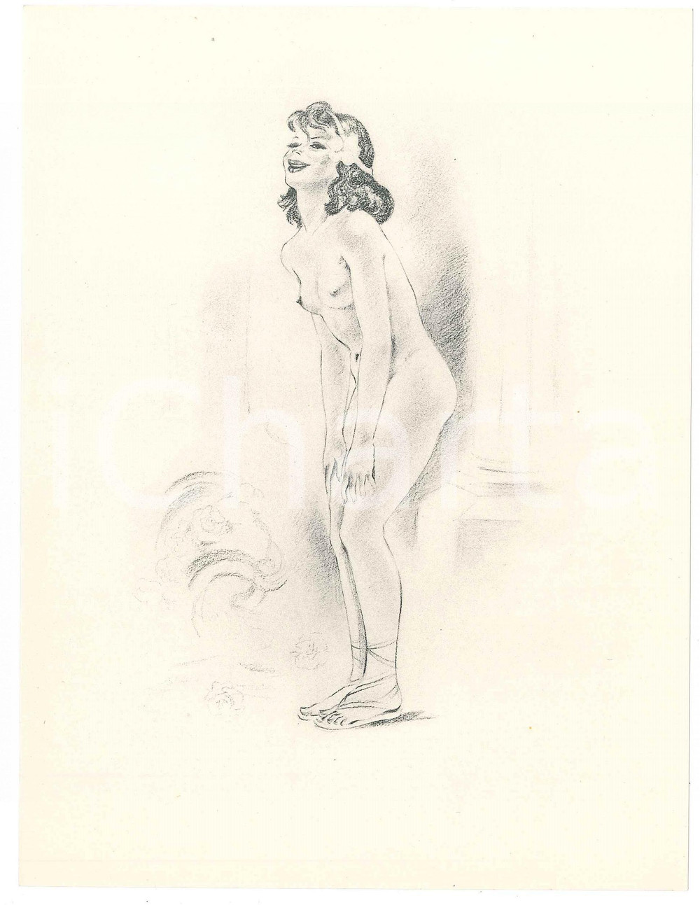 1960 ca VINTAGE EROTIC Nude woman wearing sandals - Litograph 16x21 cm  Litografia originale d'epoca, su carta. FAIR/discreto lieve ondulatura centrale Formato: 16x21 cm originale e autentica 1