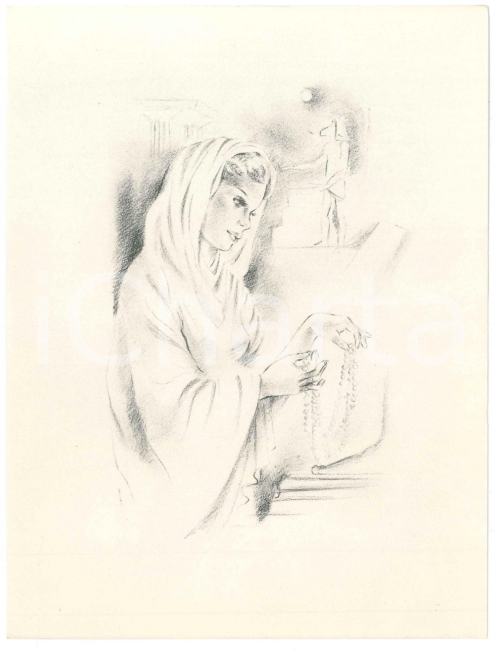 1960 ca ART Veiled woman praying - Litograph 16x21 cm  Litografia originale d'epoca, su carta. FAIR/discreto lieve ondulatura centrale Formato: 16x21 cm originale e autentica 1