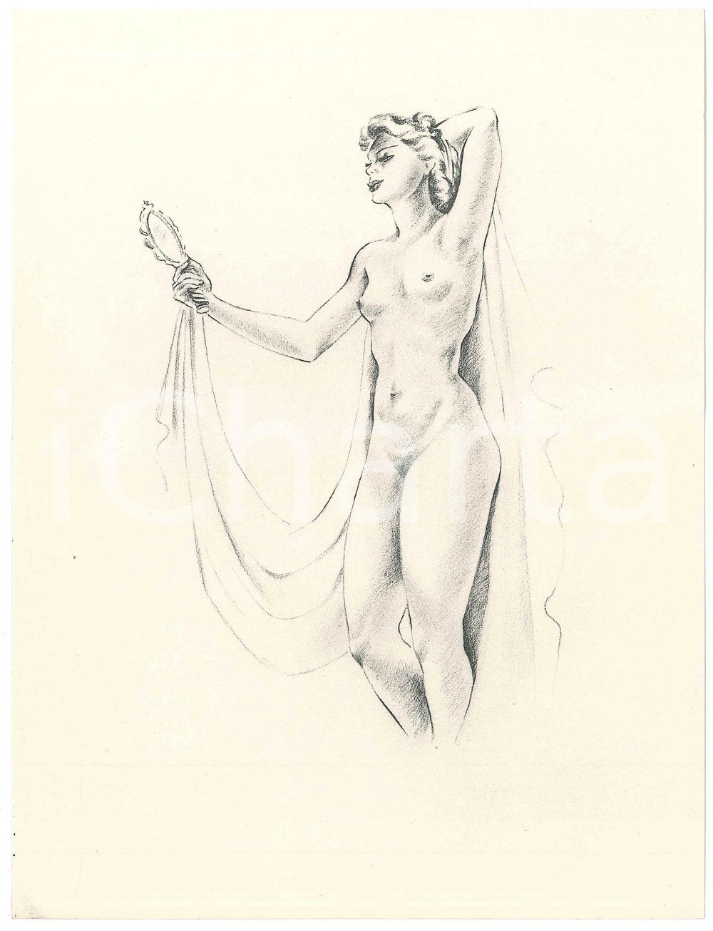 1960 ca VINTAGE EROTIC Nude woman with a mirror *Litograph 16x21 cm  Litografia originale d'epoca, su carta. FAIR/discreto lieve ondulatura centrale Formato: 16x21 cm originale e autentica 1