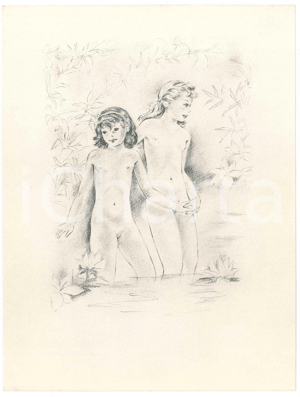 1960 ca VINTAGE EROTIC Young girls in a pond - Litograph 16x21 cm  Litografia originale d'epoca, su carta. FAIR/discreto lieve ondulatura centrale Formato: 16x21 cm originale e autentica 1