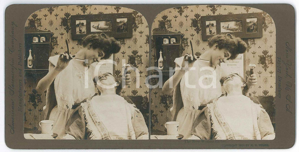 1908 USA The new woman barber - Photo American Stereoscopic Co. Fotografia stereoscopica d'epoca, su cartoncino rigido. GOOD/buono  Formato: 18x9 cm originale e autentica 1