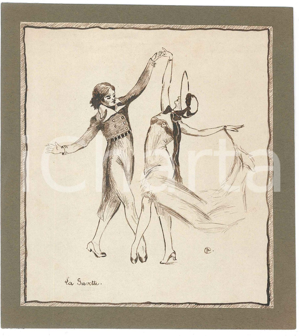1950 ca ART - FRANCE - La Gavotte - Couple dancing - Drawing 15x17 cm  Disegno originale a china su carta, montato su cartoncino leggero. GOOD/buono  Formato: 15x17 cm originale e autentica 1