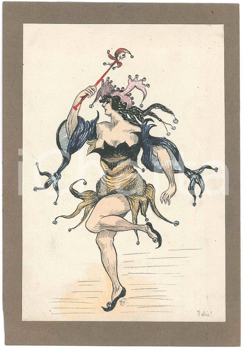 1950 ca ART - FRANCE - Folies - Woman as jester - Drawing 14x18 cm  Disegno originale a china su carta, acquerellato, montato su cartoncino leggero. GOOD/buono  Formato: 14x18 cm originale e autentica 1