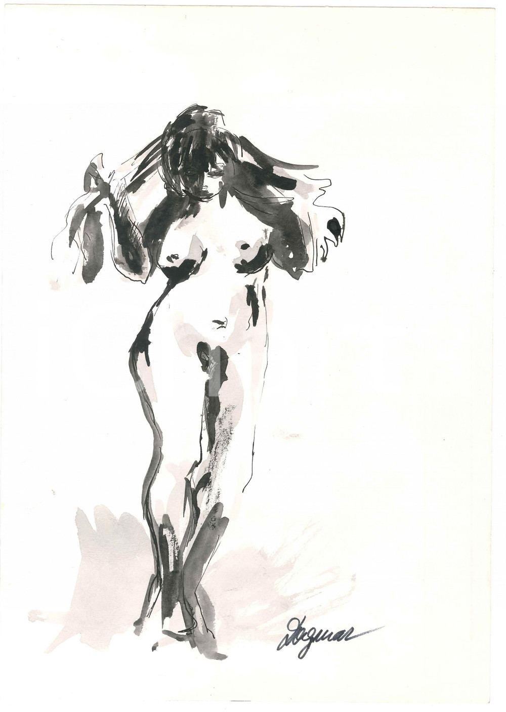 1980 ca ART - DAGMAR - Nude woman standing - Watercolour 21x29 cm  Acquerello originale su carta, firmato. FAIR/discreto minima sbrecciatura centrale Formato: 21x29 cm originale e autentica 1