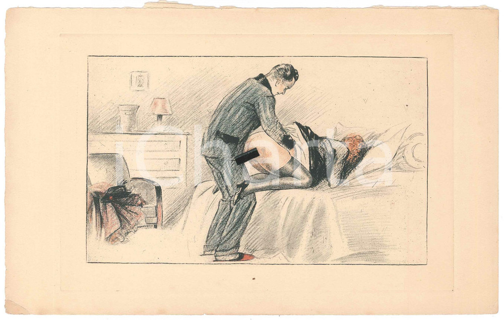 1940 ca VINTAGE EROTIC FRANCE Sex with an officer (2) Engraving 22x14 cm  Stampa originale d'epoca. GOOD/buono  Formato: 22x14 cm originale e autentica 1