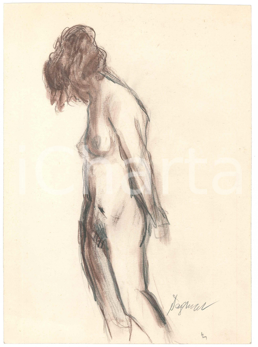 1980 ca ART - DAGMAR - Nude woman standing - Drawing 21x29 cm  Disegno originale su carta, a matita e pastello, firmato. FAIR/discreto piegatura al lato inferiore Formato: 21x29 cm originale e autentica 1