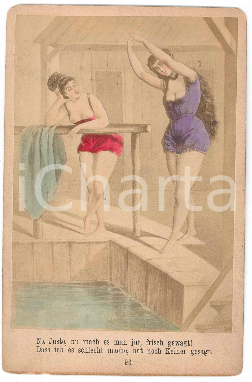 1880 ca VINTAGE EROTIC GERMANY Woman at the swimming pool - Engraving  risque  Stampa originale d'epoca, su cartoncino rigido. GOOD/buono  Formato: 11x17 cm originale e autentica 1