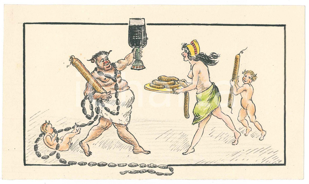 1950 ca VINTAGE EROTIC God Dionysus with wine and suasages - Drawing 17x10 cm  Disegno originale a china su carta, acquerellato. GOOD/buono  Formato: 17x10 cm originale e autentica 1