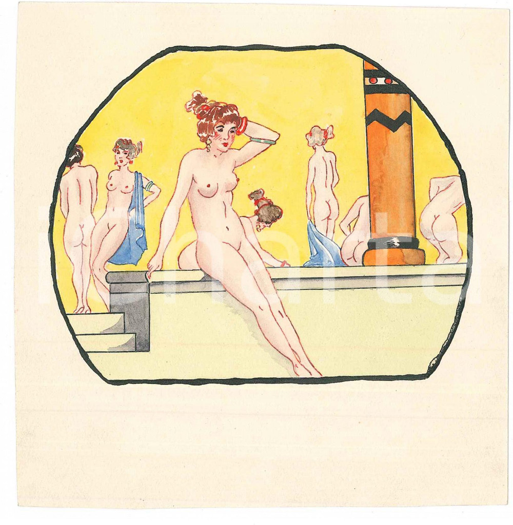 1930 ca VINTAGE EROTIC Classical scene - Nude women bathing - Drawing 13x14 cm  Disegno originale a china su carta, acquerellato. GOOD/buono  Formato: 13x14 cm originale e autentica 1
