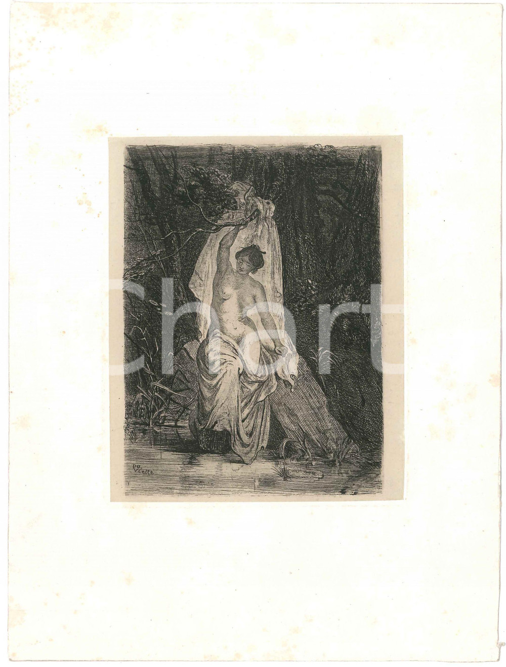 1840 ca P. A. VIETTE Nymphe nue au bord d'un lac - Gravure 18x24 cm  Stampa originale d'epoca. FAIR/discreto fioriture al lato superiore Formato: 18x24 cm originale e autentica 1