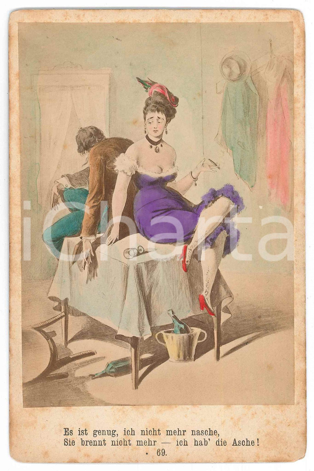 1880 ca VINTAGE EROTIC GERMANY Woman with a drunk man - Engraving  11x17 cm  Stampa originale d'epoca, su cartoncino rigido. GOOD/buono  Formato: 11x17 cm originale e autentica 1