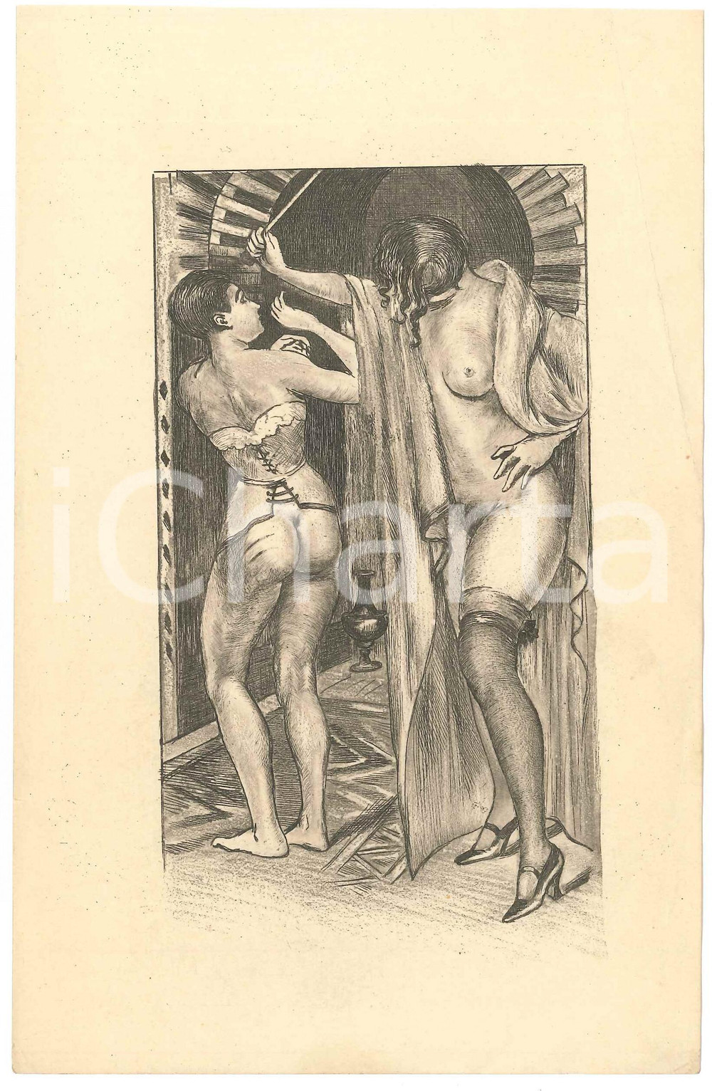 1925 ca VINTAGE EROTIC BDSM Lesbian - Whipping *Engraving 13x21 cm  Stampa originale d'epoca. GOOD/buono  Formato: 13x21 cm originale e autentica 1