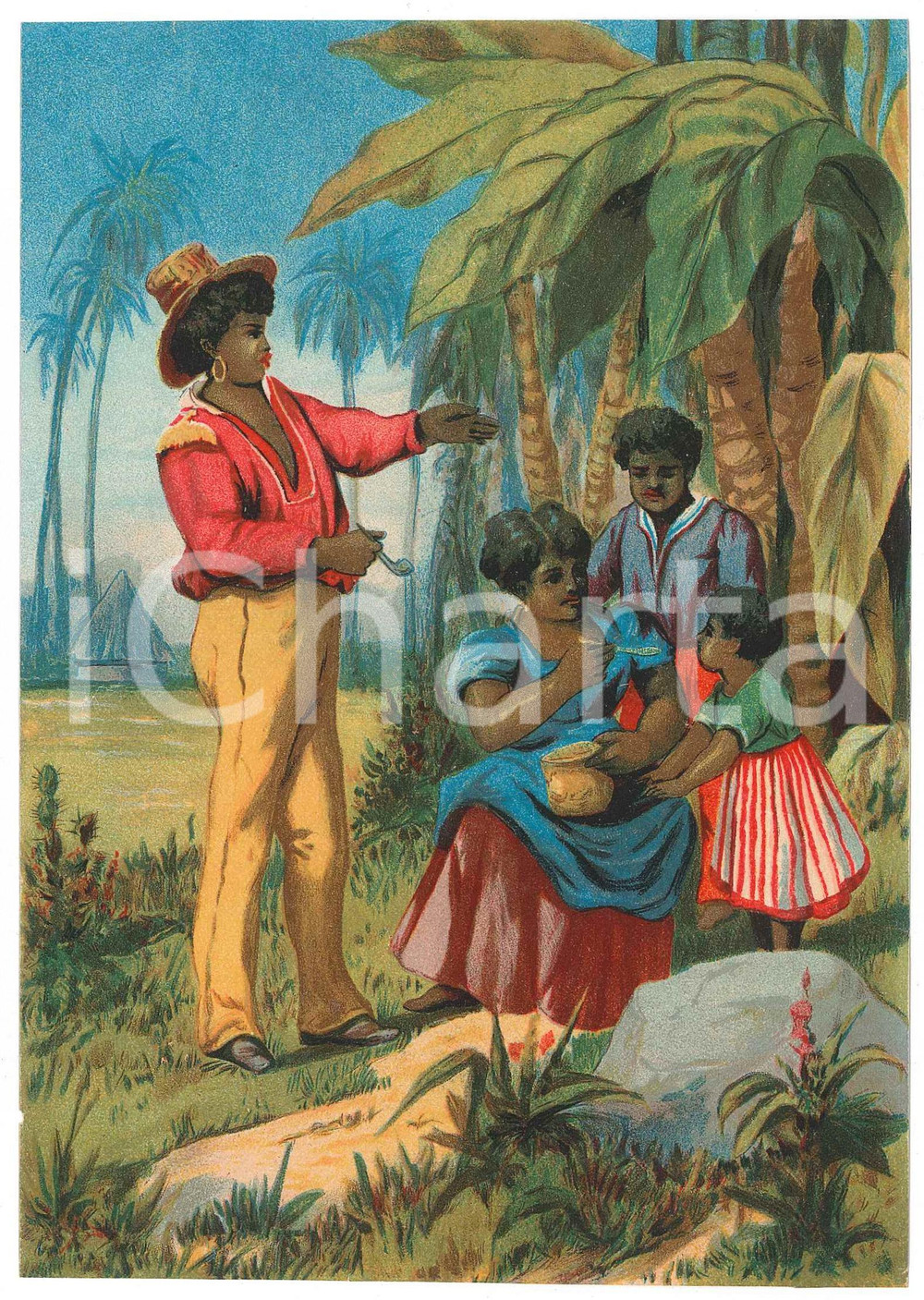 1910 ca FRANCE Portrait de famille africaine *Estampe publicitaire coloniale Stampa pubblicitaria d'epoca, a colori, con timbro al verso "Stanislas d'Escrivan - La Grande Epicerie - Marseille". GOOD/buono  Formato: 13x18 cm originale e autentica 1