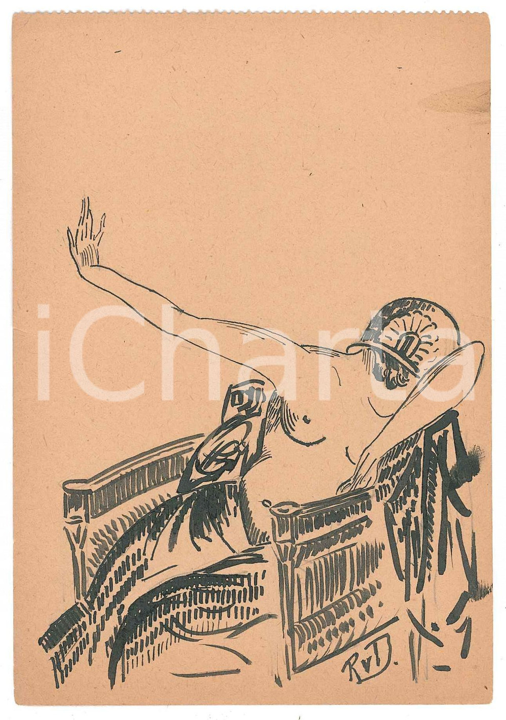 1930 ca VINTAGE EROTIC Raymond VAN DOREN Woman on a sofa - Drawing Disegno originale di Raymond Van Doren, realizzato a china su carta. FAIR/discreto minimi strappi ai lati Formato: 10x15 cm originale e autentica 1