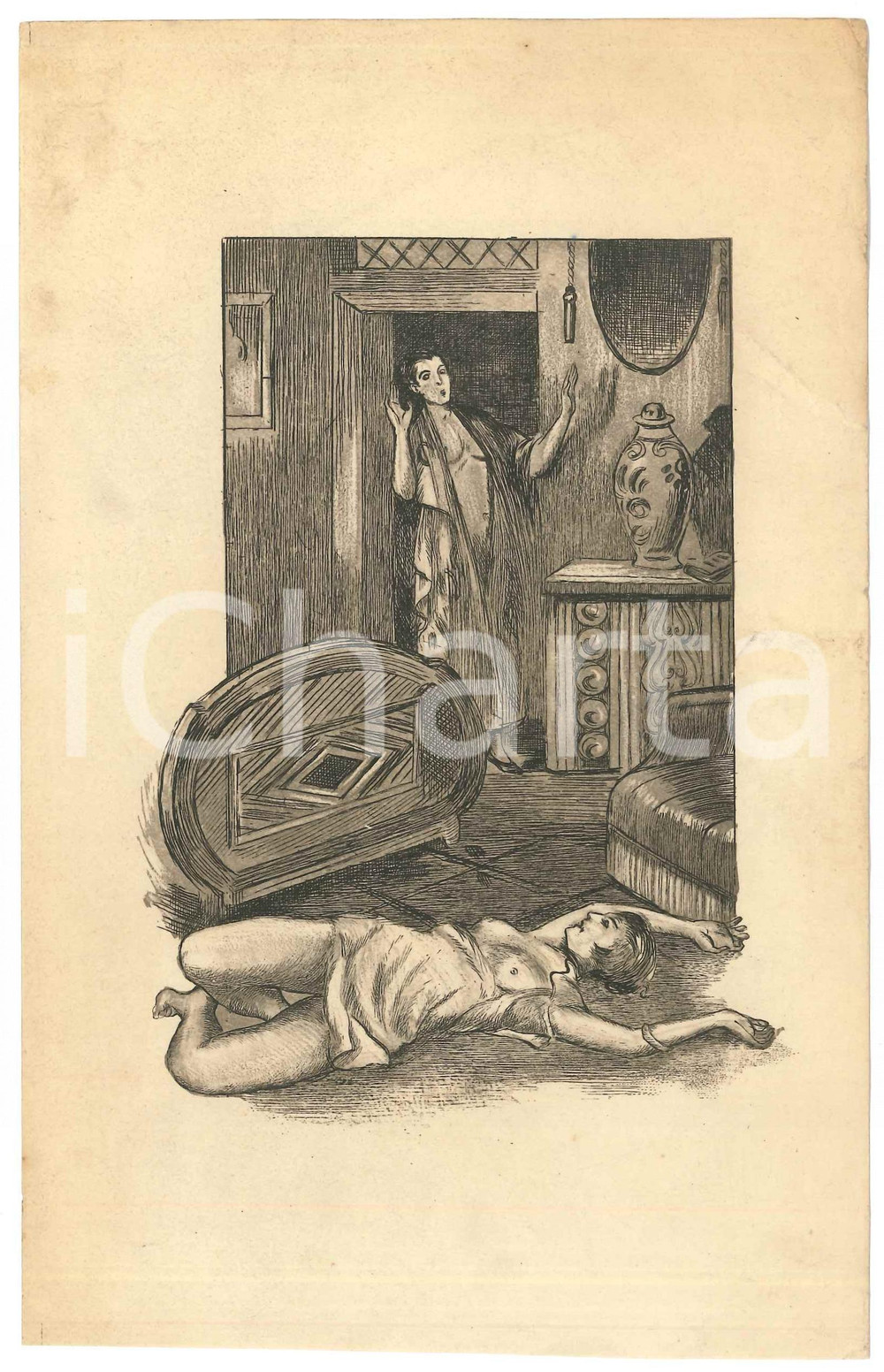 1925 ca VINTAGE EROTIC Crime scene - Nude woman - Engraving 13x21 cm  Stampa originale d'epoca. GOOD/buono  Formato: 13x21 cm originale e autentica 1