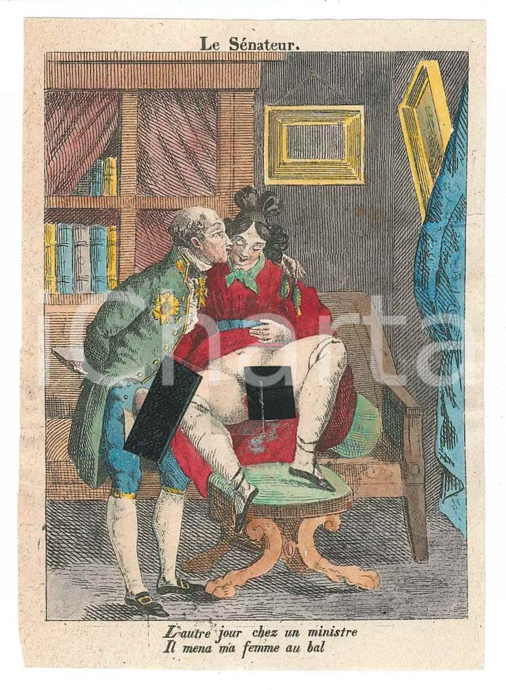 1800 ca VINTAGE EROTIC FRANCE Le Sénateur *Watercolor engraving 7x10 cm  Rara stampa originale d'epoca, acquerellata, con didascalia "L'autre jour chez un ministre / il mena ma femme au bal". GOOD/buono ma residuo di colla al verso Formato: 6x8 cm originale e autentica 1
