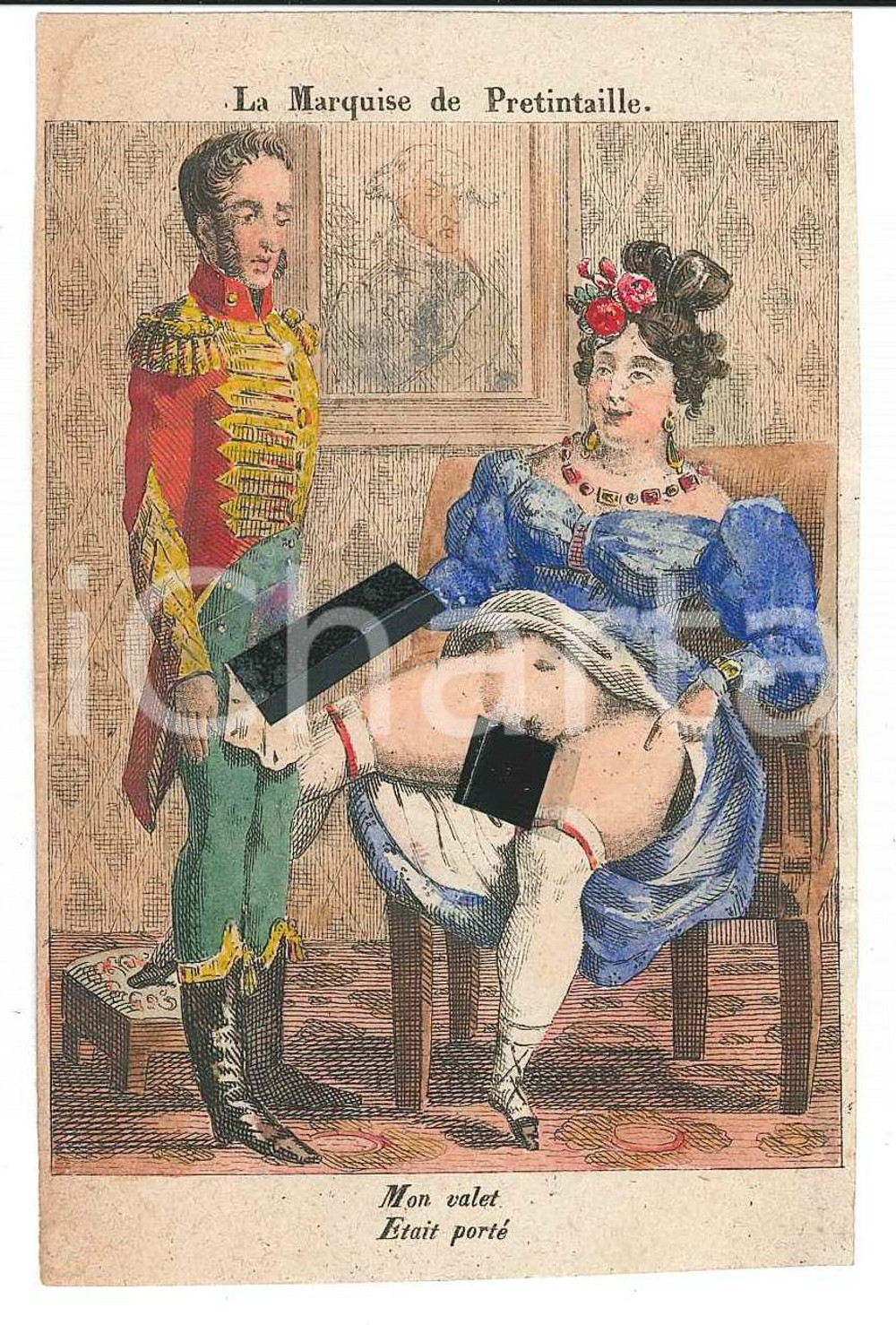 1800 ca VINTAGE EROTIC La Marquise de Pretintaille *Watercolor engraving 7x10 cm  Rara stampa originale d'epoca, acquerellata, con didascalia "Mon valet &eacute;tait port&eacute;". GOOD/buono ma residuo di colla al verso Formato: 7x10 cm originale e autentica 1