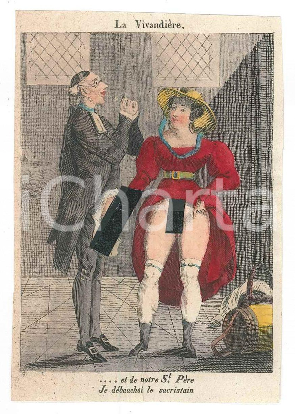 1800 ca VINTAGE EROTIC FRANCE La Vivandière *Watercolor engraving 7x10 cm  Rara stampa originale d'epoca, acquerellata, con didascalia "...et de notre St. P&egrave;re/ je d&eacute;bauchai le sacristain". GOOD/buono ma residuo di colla al verso Formato: 7x10cm originale e autentica 1