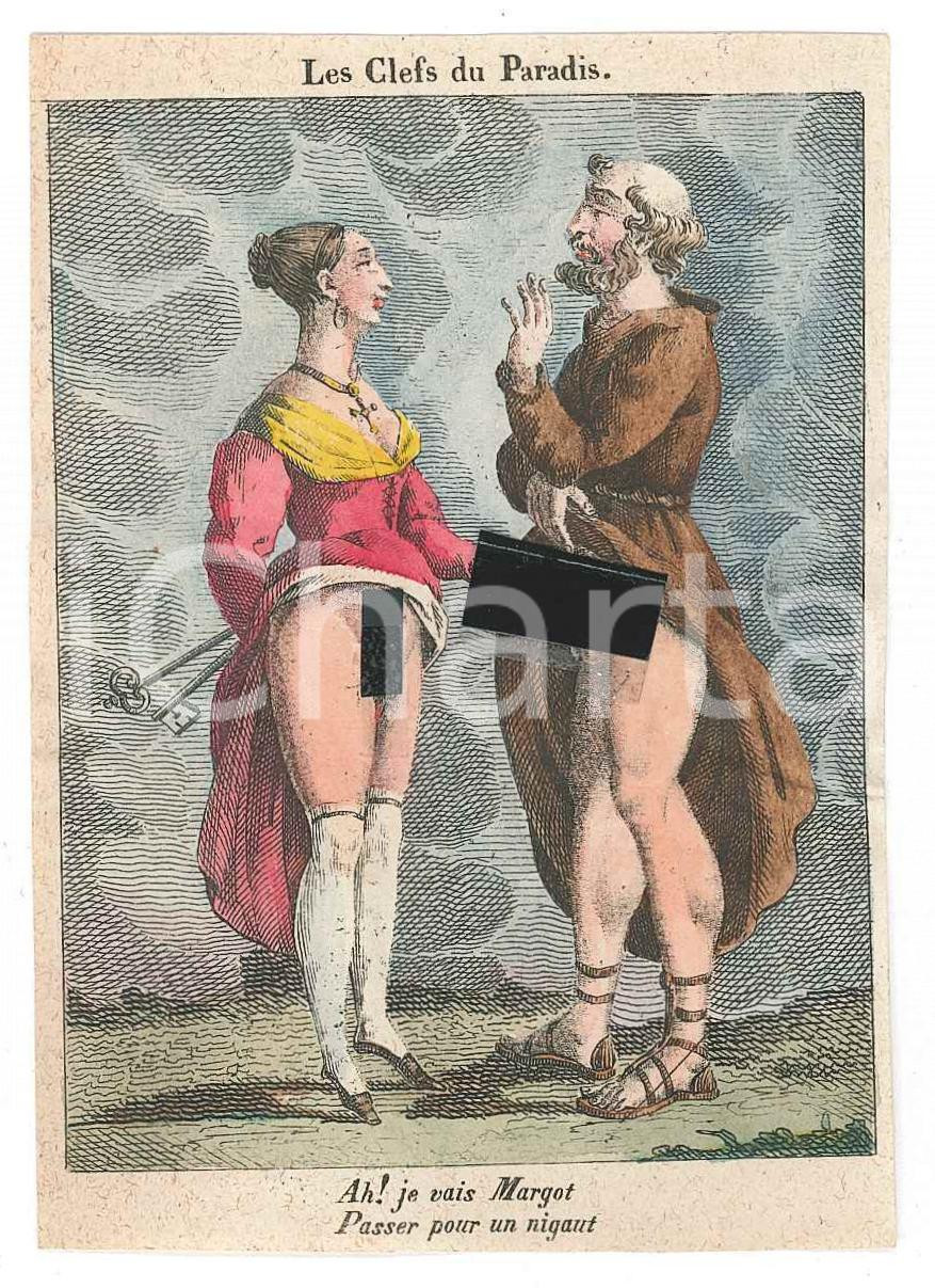 1800 ca VINTAGE EROTIC FRANCE Les clefs du Paradis *Watercolor engraving 7x10 cm  Rara stampa originale d'epoca, acquerellata, con didascalia "Ah! Je vais Margot/ passer pour un nigaut". GOOD/buono ma residuo di colla al verso Formato: 7x10 cm originale e autentica 1