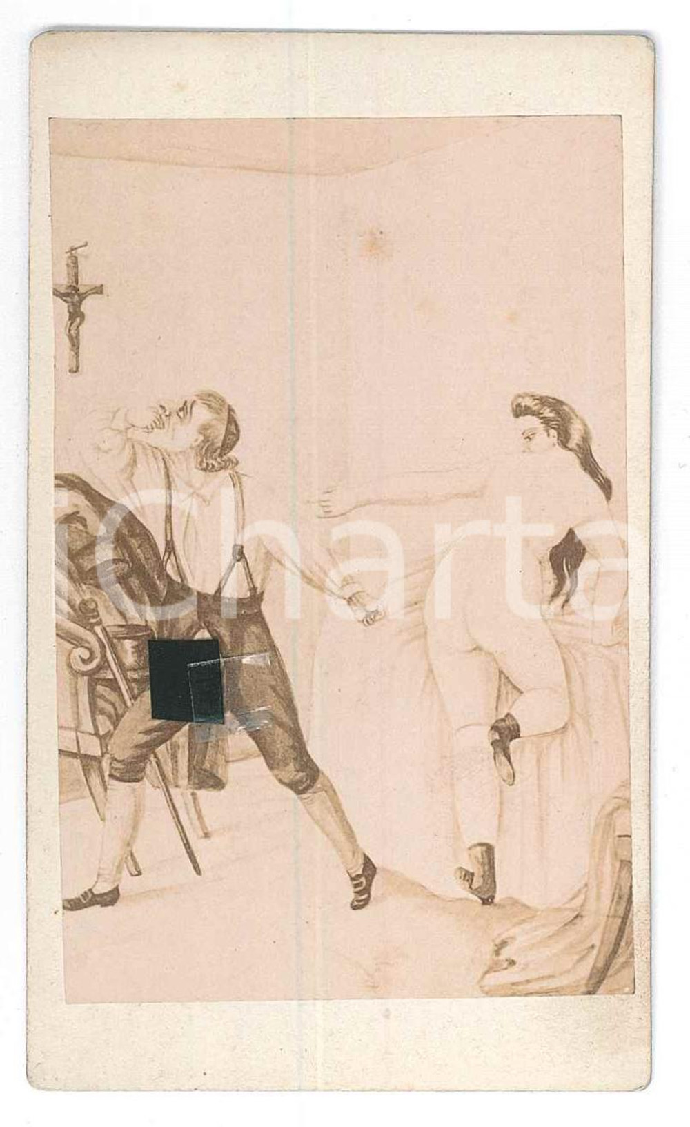 1870 ca VINTAGE EROTIC Cleric tempted by a naked woman *Photo albumen CDV risque  Fotografia originale d'epoca, stampata all'albumina. GOOD/buono  Formato: 6x10 cm originale e autentica 1