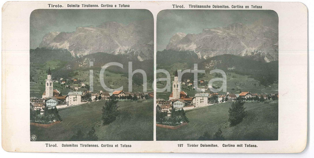 1910 ca TIROL (AUSTRIA) Tiroliaansche Dolomiten. CORTINA en TOFANA - Stereoview  Fotografia stereoscopica d'epoca, a colori.  GOOD/buono  Formato: 18x9 cm originale e autentica 1