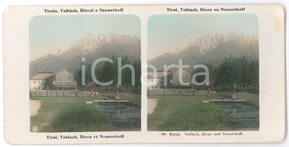 1910 ca TIROL (AUSTRIA) TOBLACH, Rienz en Neunerkoff - Stereoview  Fotografia stereoscopica d'epoca, a colori.  GOOD/buono  Formato: 18x9 cm originale e autentica 1