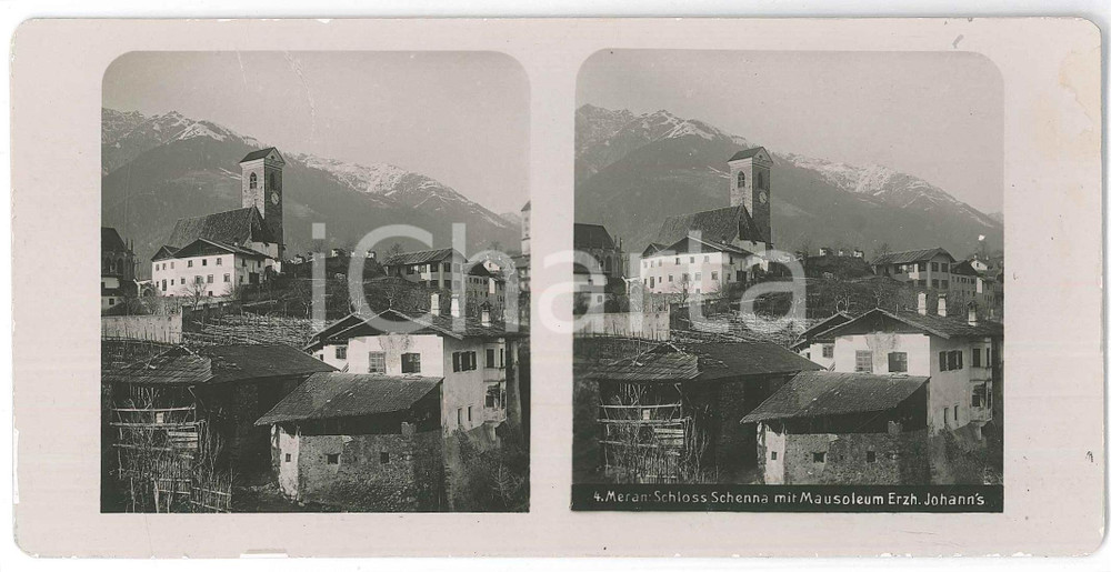 1910 ca MERAN (SUDTIROL) Schloss Schenna mit Mausoleum Erzh. Johann's STEREOVIEW  Fotografia stereoscopica d'epoca.  GOOD/buono minime mancanze marginali di pellicola Formato: 18x9 cm originale e autentica 1