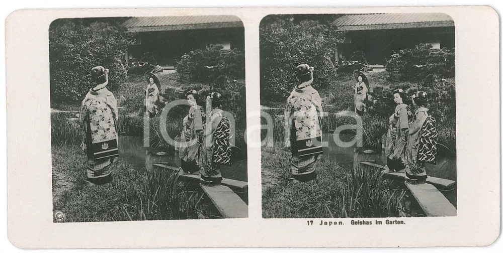 1910 ca JAPAN - Geishas im Garten - ETHNIC Stereoview n° 17  Fotografia stereoscopica d'epoca.EDITORE: NPG  GOOD/buono  Formato: 18x9 cm originale e autentica 1