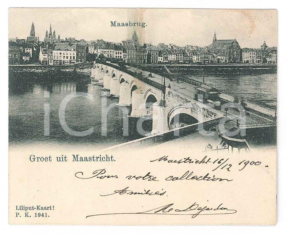 1900 MAASTRICHT -  Maasbrug view *Postcard Liliput-Kaart Cartolina postale d'epoca, viaggiata. VERY POOR/gravemente danneggiato strappo di 2 cm al margine superiore, con alone dovuto a precedente riparazione con adesivo Formato: 9x7 cm originale e autentica 1