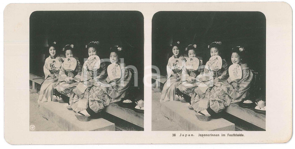 1910 ca JAPAN - Geishas - Japanerinnen im Festkleide - ETHNIC Stereoview nÂ° 36  Fotografia stereoscopica d'epoca.EDITORE: NPG   GOOD/buono  FORMATO: 18x9 cm originale e autentica 1