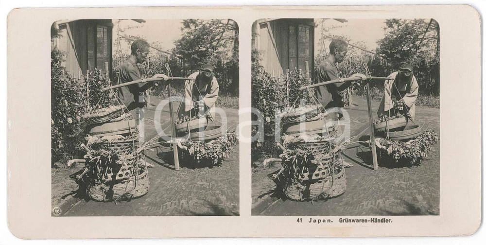 1910 ca JAPAN - Grünwaren-Händler - ETHNIC Stereoview n° 41  Fotografia stereoscopica d'epoca.EDITORE: NPG  GOOD/buono  Formato: 18x9 cm originale e autentica 1
